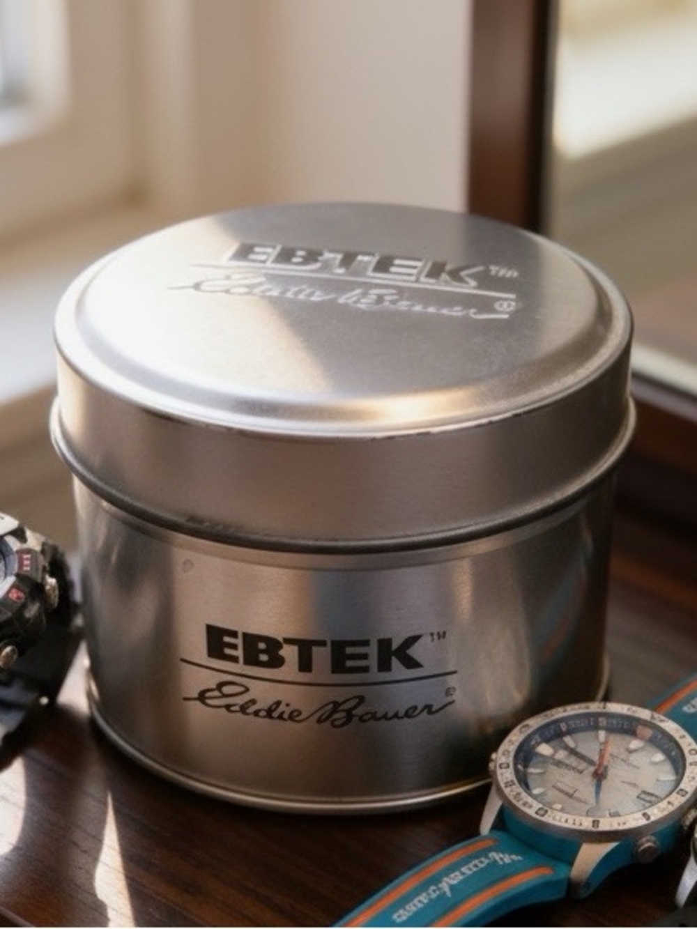 Eddie Bauer Ebtek silver storage tin metal watch box black writing embossed
